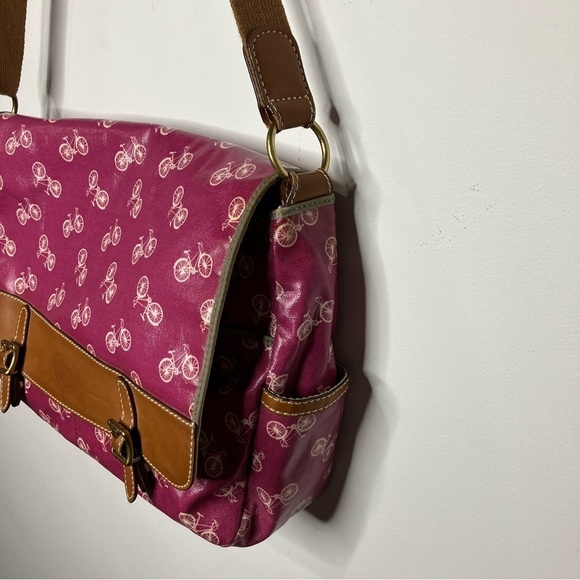 Fossil coated canvas messenger bag pink bicycle print leather trim - Picture 6 of 16
